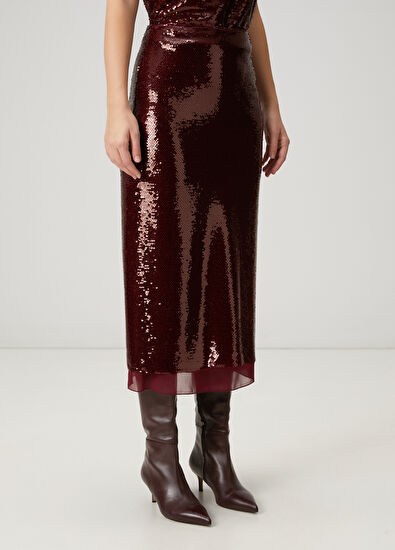 Beymen Club Bordo Payetli Midi Abiye Etek - 3