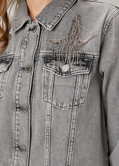 Beymen Club Grey Embroidered Logo Denim Jacket - 7