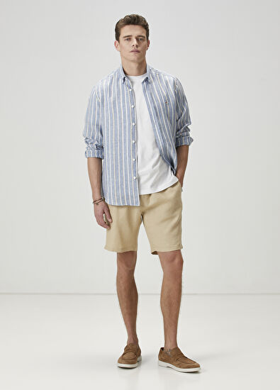 Beymen Club Comfort Fit Blue Stripe Patterned Linen Shirt - 3