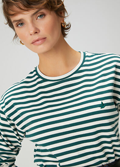 Beymen Club Green Ecru Striped Basic Sweatshirt - 6