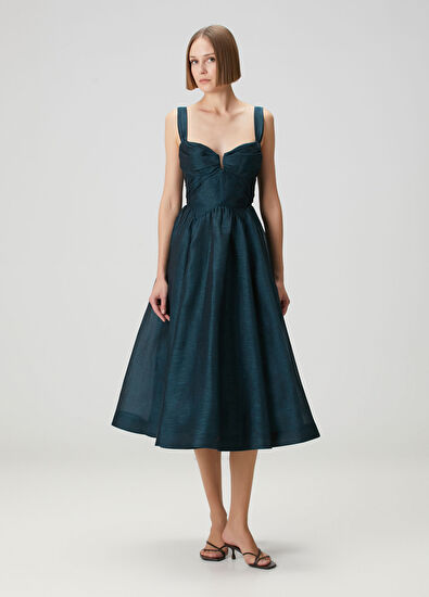 Rebellion Koyu Mavi Midi Keten Elbise - Görsel 4