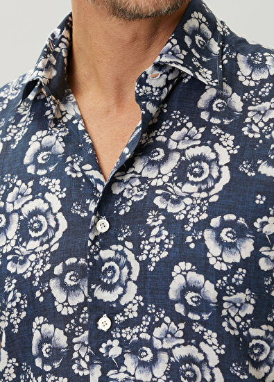 Kiton Mavi Çiçek Desenli Kısa Kollu Gömlek - 5