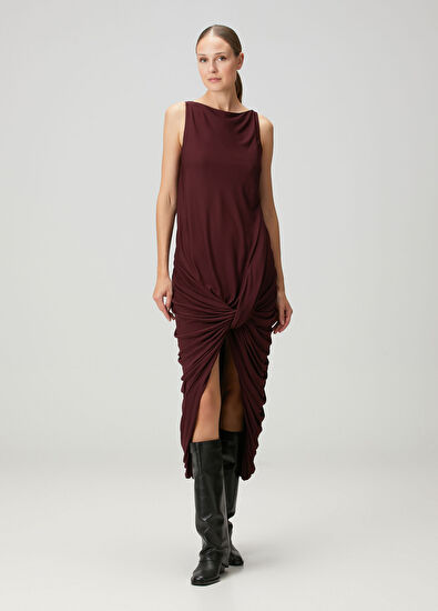 Bordo Drapeli Midi Kokteyl Elbise - Görsel 4