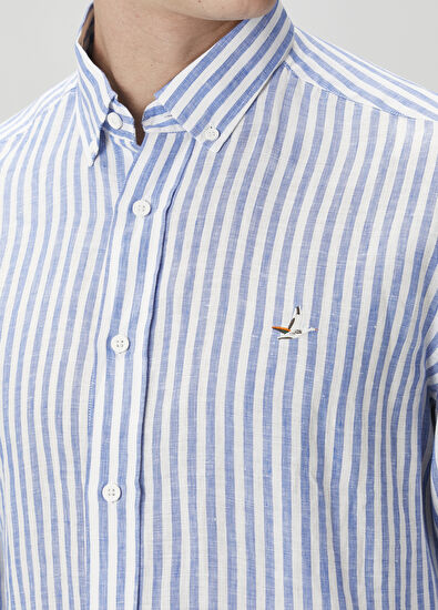 Beymen Club Comfort Fit Mavi Çizgi Desenli Keten Gömlek - 6