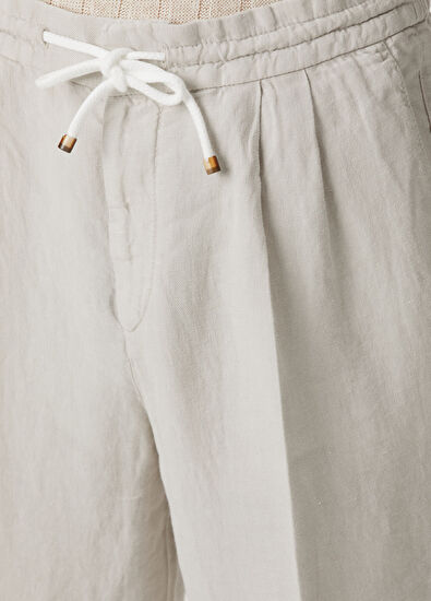 Brunello Cucinelli Bej Beli Kordonlu Keten Pantolon - 4