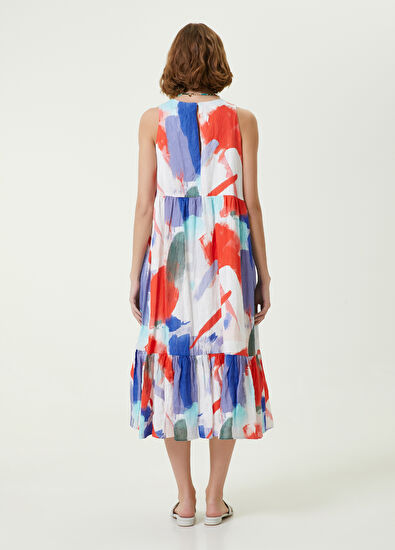 Beymen Club Beyaz Marin Fırça Desenli Midi Kolsuz Keten Elbise - 5