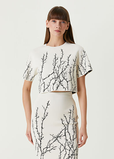 McQueen Fildişi Siyah Desenli Crop Yün Bluz - 3