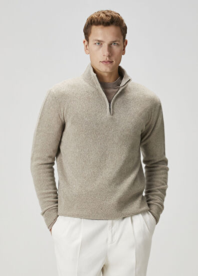 120% Lino Beige Collar Zipper Cashmere Sweater - 3