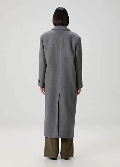 Oversized Gri Kruvaze Yün Palto - Görsel 8