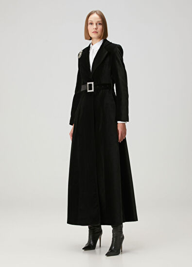 Siyah Taş Broşlu Palto - Görsel 4