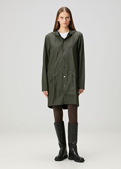 Koyu Yeşil Kapüşonlu Uzun Yağmurluk - Görsel 4