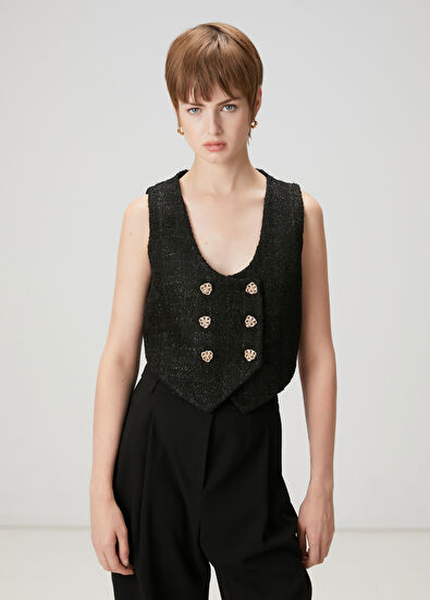 Beymen Club Siyah Simli Kruvaze Tweed Yelek - 3