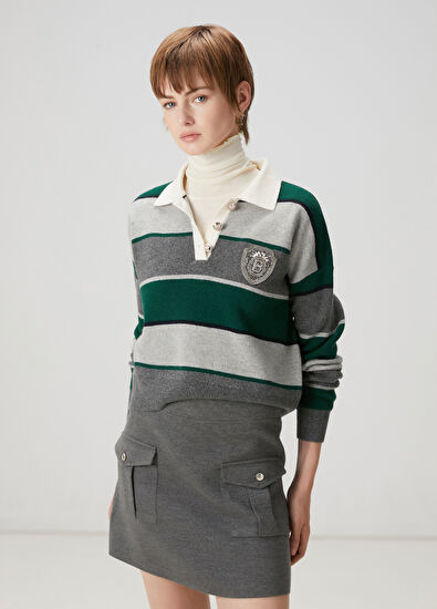 Beymen Club Koyu Yeşil Çizgili Yün Polo Kazak - 5