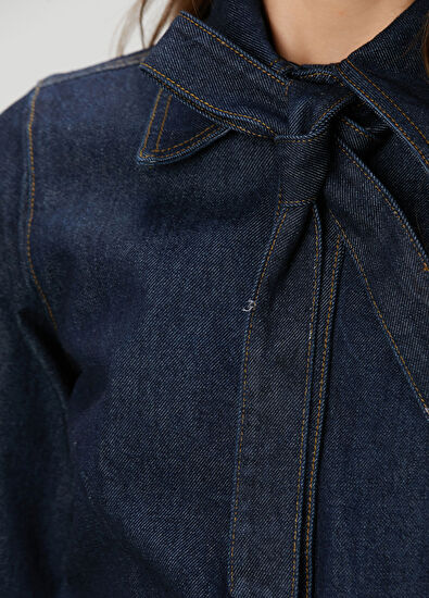 Lacivert Bağlama Detaylı Denim Gömlek - Görsel 8