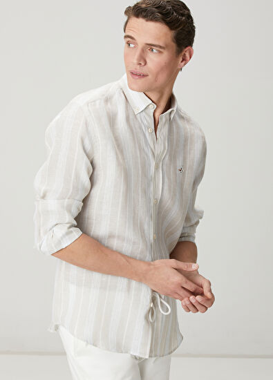 Beymen Club Comfort Fit Light Khaki Line Patterned Linen Shirt - 4