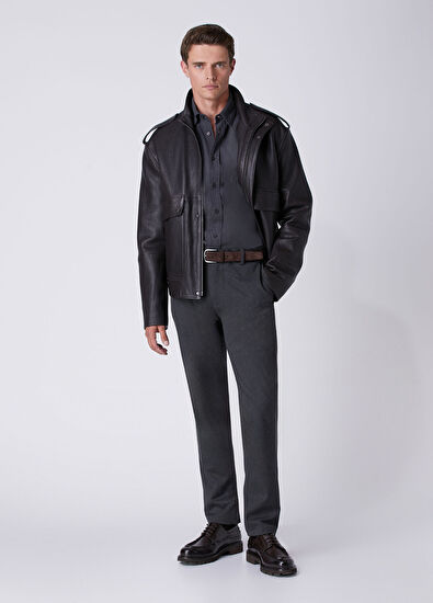 Beymen Club Dark Brown High Neck Leather Jacket - 3