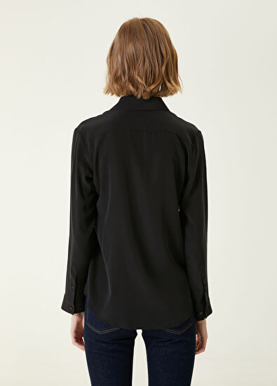 Siyah Kesik Yaka Klasik İpek Gömlek - Görsel 7