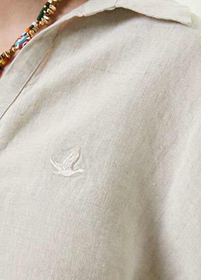 Beymen Club Bej Polo Yaka Logolu Keten Bluz - 5