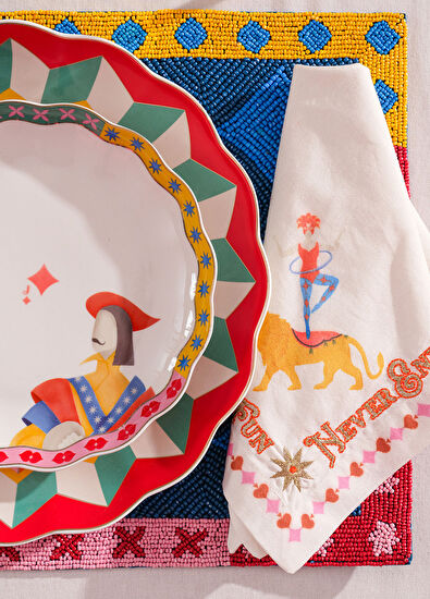 Zsa Zsa Zsu Nilüfer Digital Printed Embroidered Ecru Red Cotton 2-Piece Napkin Set - 7