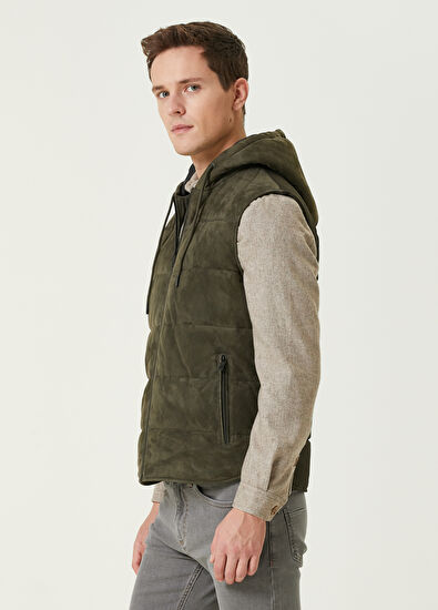 Beymen Club Khaki Hooded Quilted Suede Vest - 3