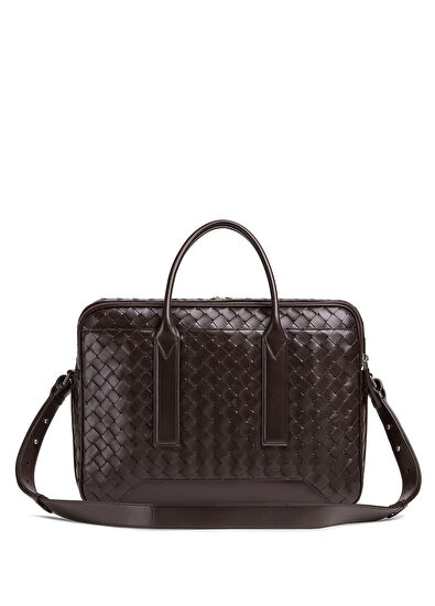 Kahverengi Örgü Dokulu Deri Evrak Çantası - Görsel 5