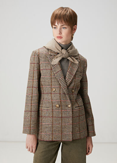 Beymen Club Kahverengi Ekoseli Kruvaze Ceket - 3