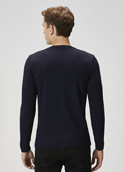 Beymen Club Navy Blue V-Neck Logo Embroidered Sweater - 4