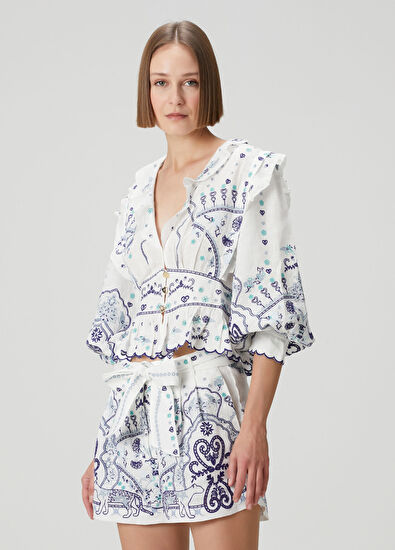 Camilla Mavi Beyaz Nakışlı Keten Gömlek - 3