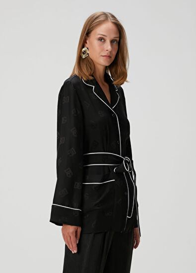 Siyah Logo Jakarlı İpek Gömlek - Görsel 5