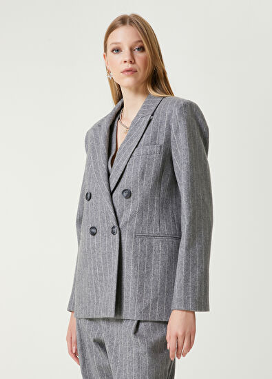 Beymen Club Grey Melange Striped Wool Blazer - 5