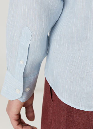 Beymen Club Comfort Fit Blue Dashed Striped Linen Shirt - 7