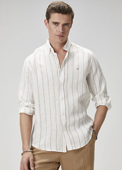 Beymen Club Comfort Fit Brown Striped Linen Shirt - 6