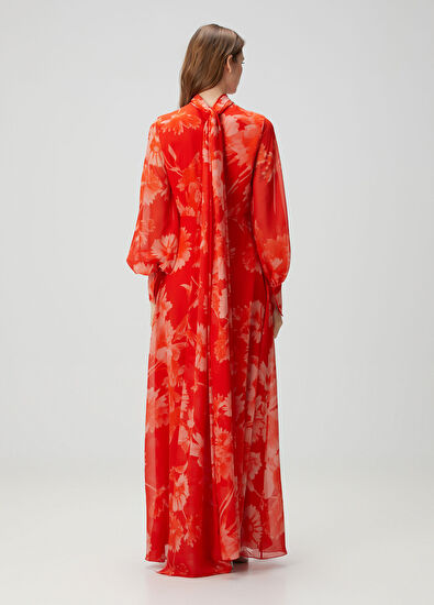 Erdem Turuncu Çiçekli Maksi İpek Elbise - 4