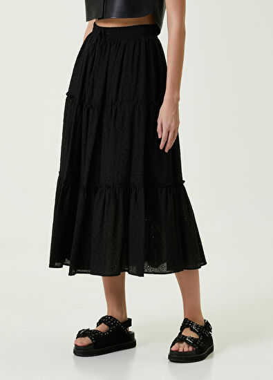 Beymen Club Black Lace-Up Embroidered Midi Skirt - 3