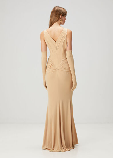 Luna B Iris Beige Maxi Evening Dress - 4