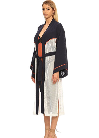 Women&Women Keops Kontrast Biye Detaylı Keten Karışımlı Laciver Kadın Kimono - 5