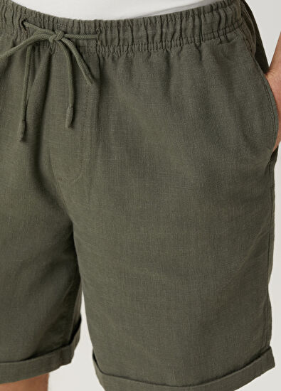 Peninsula Puglia Haki Beli Kordonlu Keten Bermuda - 4