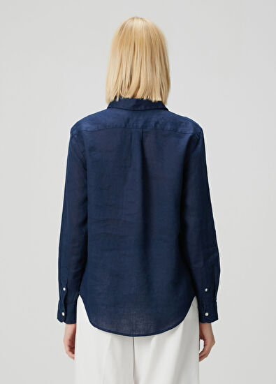 Mavi Logo Nakışlı Keten Gömlek - Görsel 5