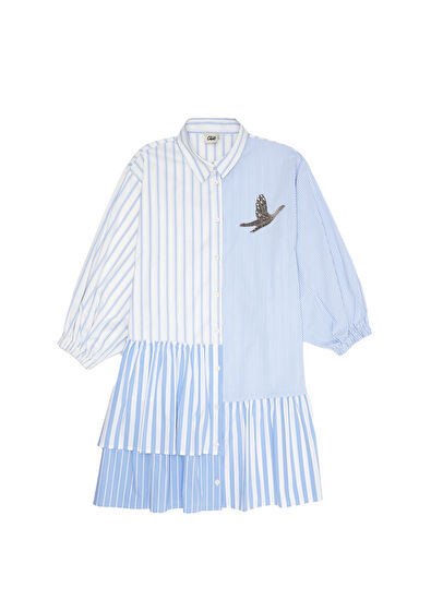 Beymen Club Mavi Beyaz Çizgi Desenli Mini Gömlek Elbise - 7