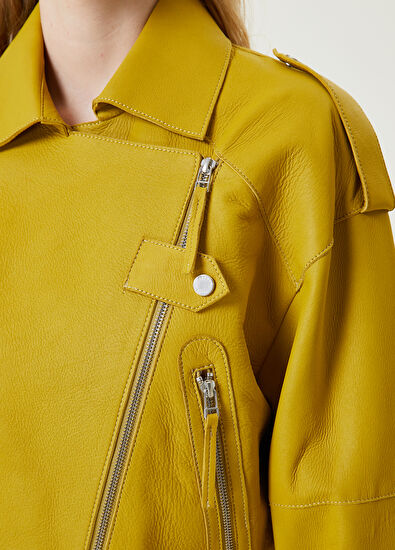 Beymen Club Sarı Kruvaze Biker Deri Ceket - 5