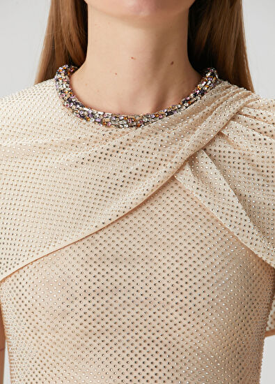 Şampanya Taşlı Maksi Abiye Elbise - Görsel 6