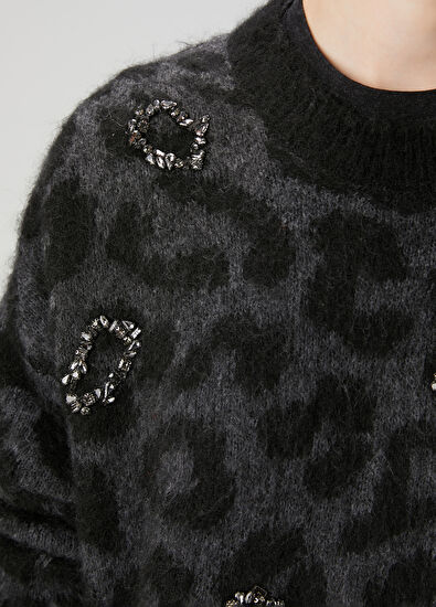 Beymen Club Siyah Leopar Desenli İşlemeli Kazak - 5