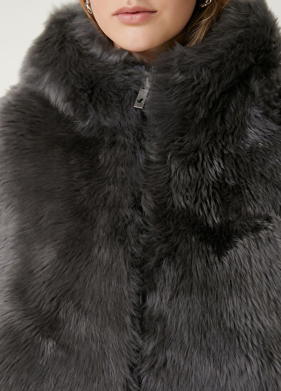 Beymen Club Anthracite Hooded Lamb Fur Coat - 5