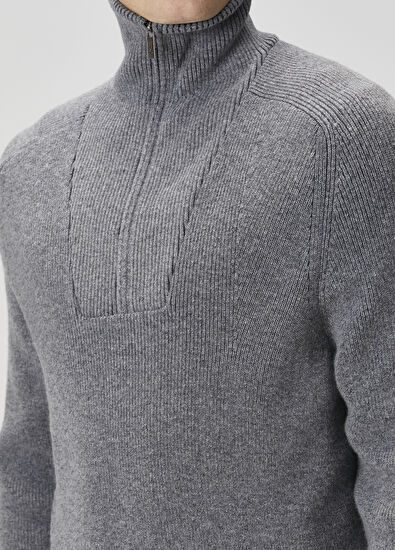 Beymen Club Grey Melange Collar Zippered Wool Sweater - 6