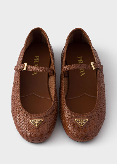 Prada Brown Woven Leather Women's Ballet Flats - 3