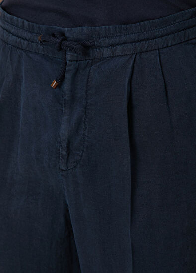 Brunello Cucinelli Lacivert Beli Kordonlu Çift Pilili Keten Pantolon - 4