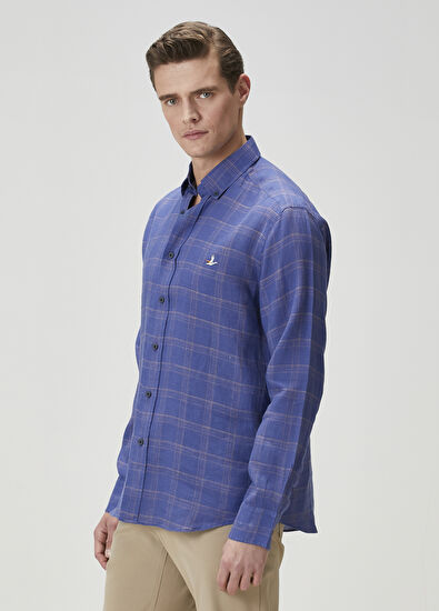 Beymen Club Comfort Fit Lacivert Ekose Desenli Keten Gömlek - 4