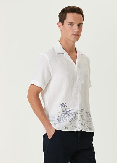 Beymen Club Comfort Fit Beyaz Manzara Nakışlı Keten Gömlek - 5
