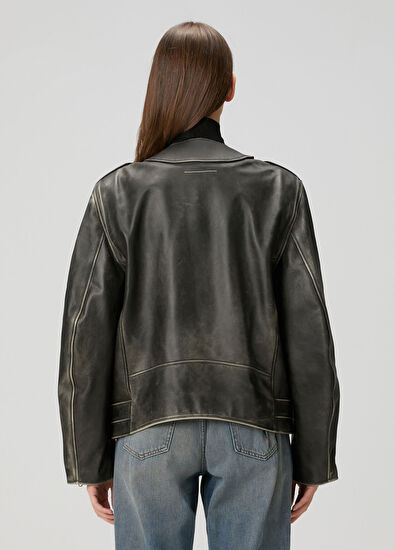 MM6 Maison Margiela Dark Brown Leather Jacket - 4