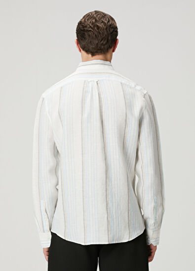 Beymen Club Comfort Fit Blue White Striped Patterned Linen Shi - 5